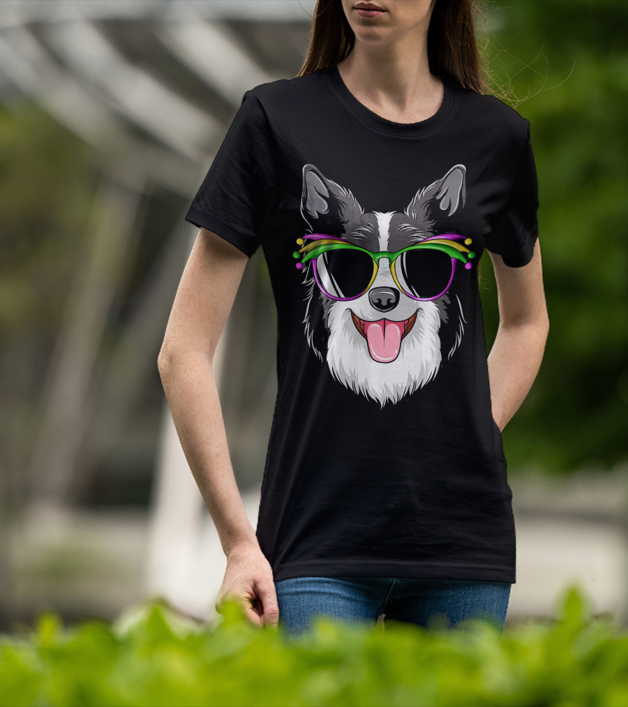 Collie Wearing Mardi Gras Carnival Mask With Colorful Glasses T-Shirt