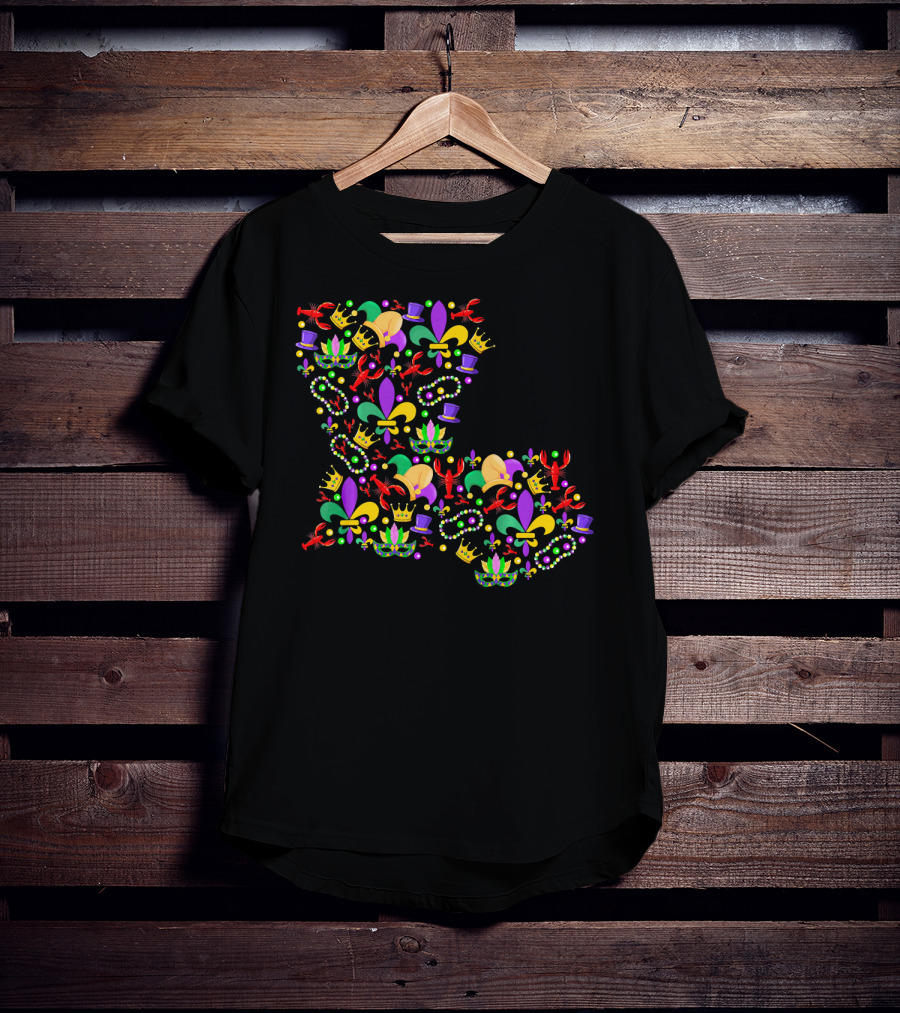 Mardi Gras Crawfish Fleur-de-Lis Beads Crowns Louisiana Map T-Shirt