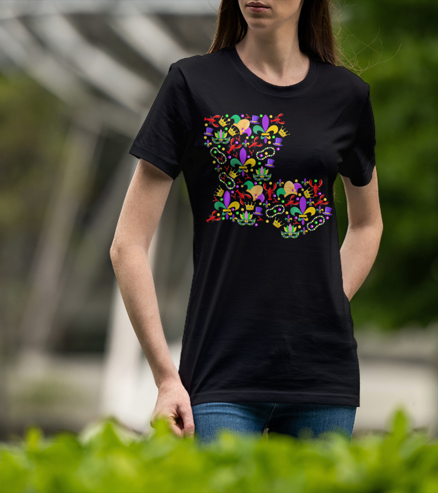 Mardi Gras Crawfish Fleur-de-Lis Beads Crowns Louisiana Map T-Shirt