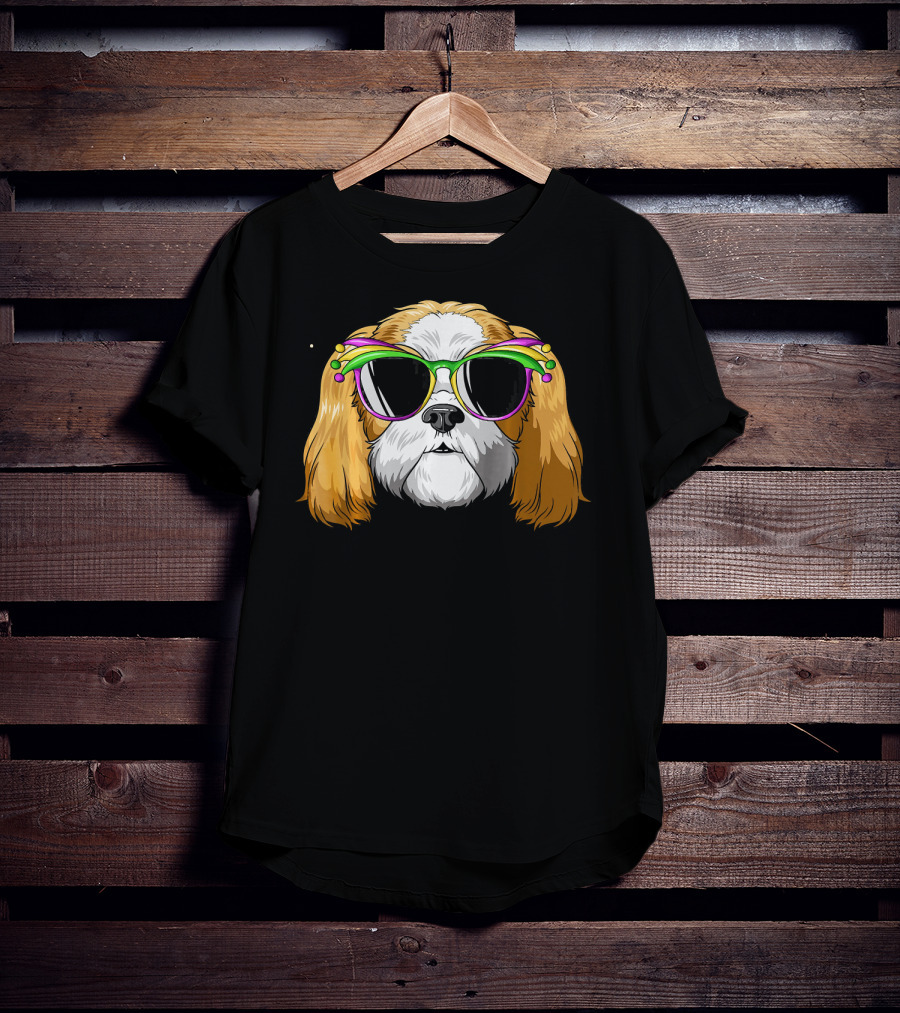 Shih Tzu Wearing Colorful Mardi Gras Carnival Mask Glasses T-Shirt