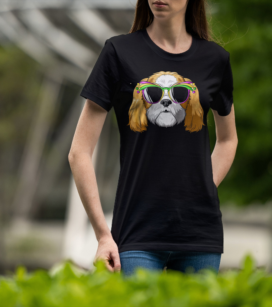 Shih Tzu Wearing Colorful Mardi Gras Carnival Mask Glasses T-Shirt