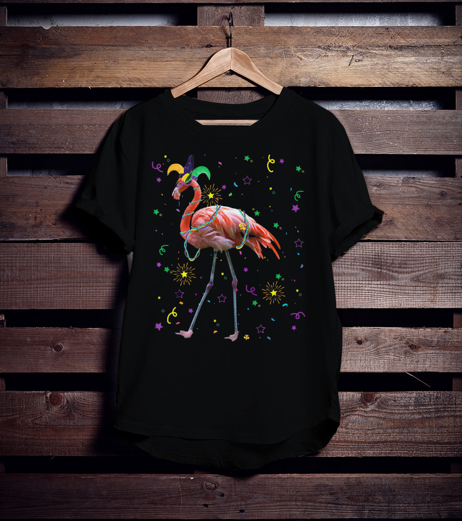 Flamingo Mardi Gras Carnival Festival Celebration With Jester Hat And Beads T-Shirt