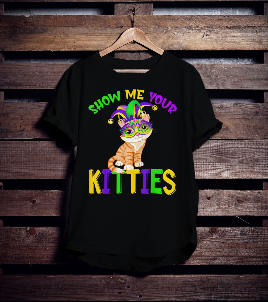 Show Me Your Kitties Cat Lover Jester Mask With Colorful Juggling Hat And Orange Tabby T-Shirt