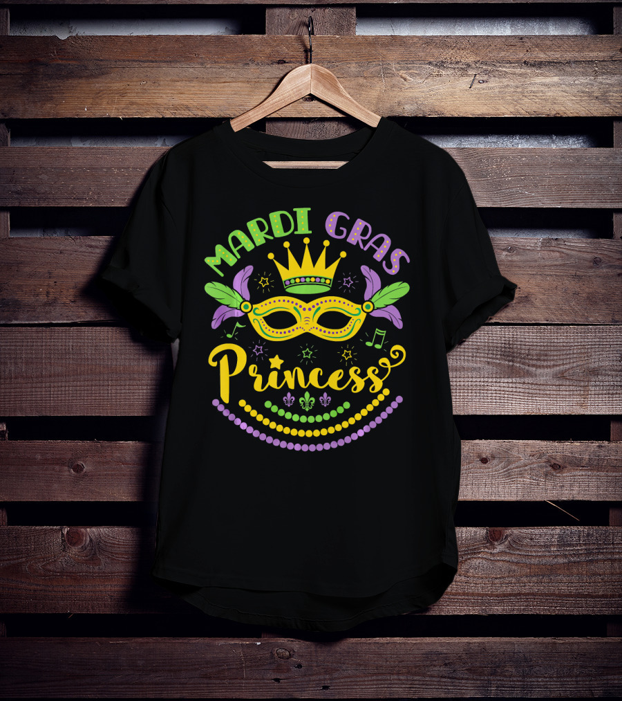 Mardi Gras Princess Crown Mask Beads Fleur-de-Lis Feathers Carnival T-Shirt