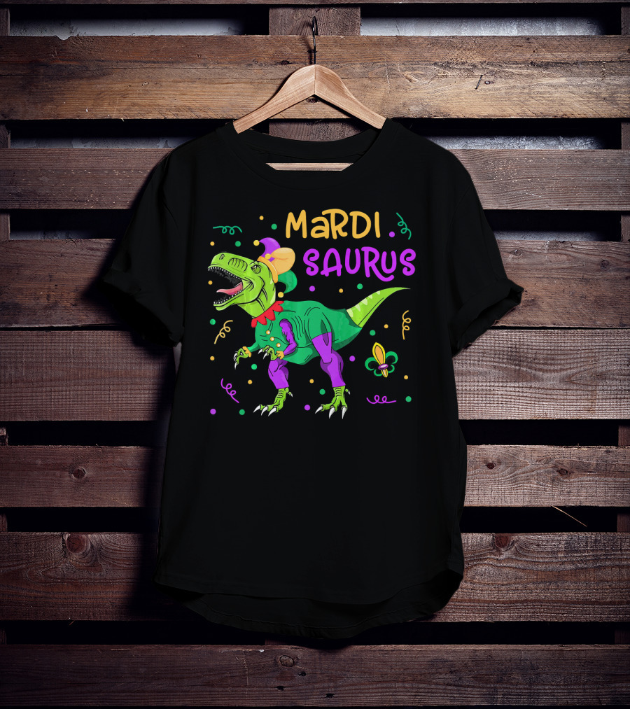 Mardisaurus Rex Dinosaur Mardi Gras Beads Jester Hat Fleur-de-Lis T-Shirt