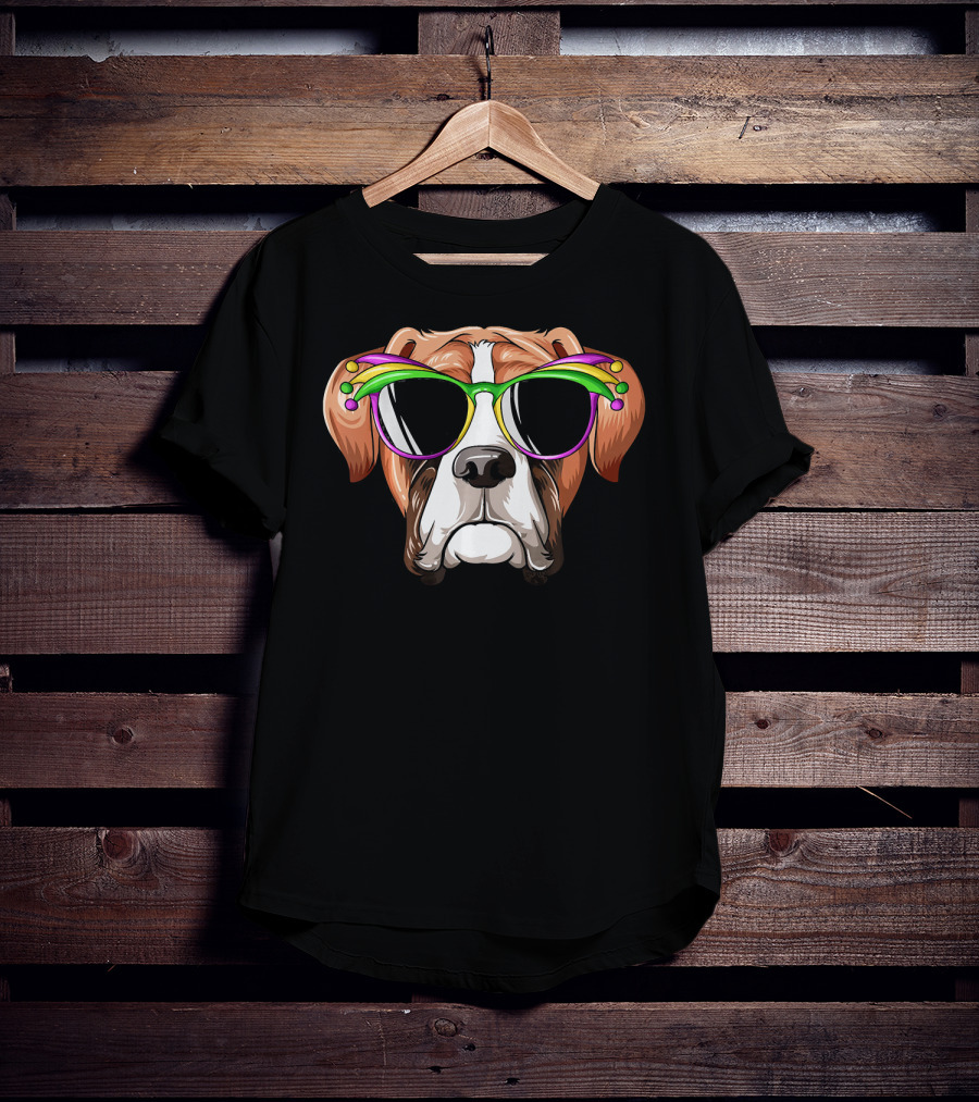 Boxer Dog Mardi Gras Jester Glasses Carnival Mask T-Shirt