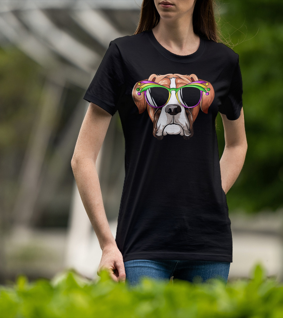 Boxer Dog Mardi Gras Jester Glasses Carnival Mask T-Shirt