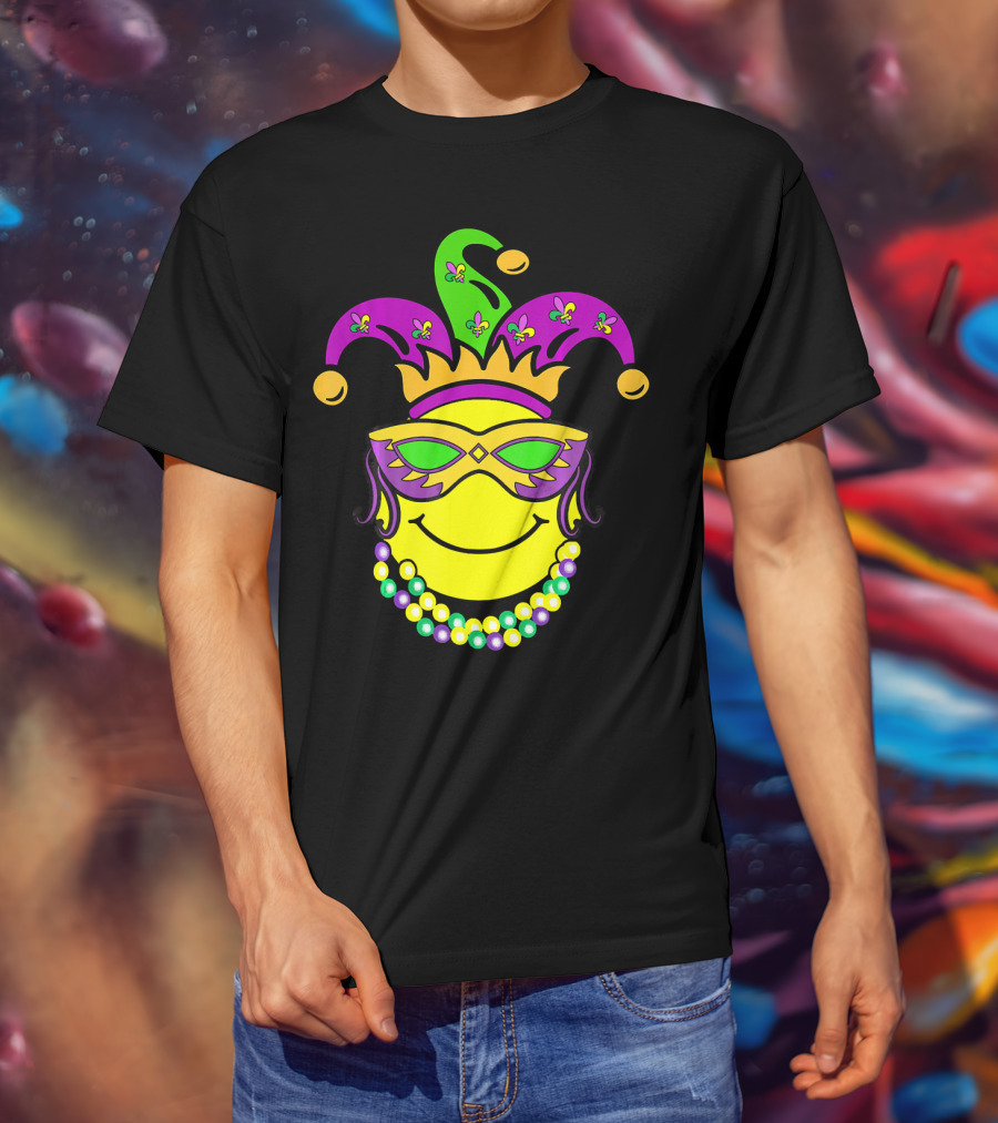 Mardi Gras Emoji Jester Mask Fleur-de-Lis Beads Funny Mardi Gras Lover T-Shirt