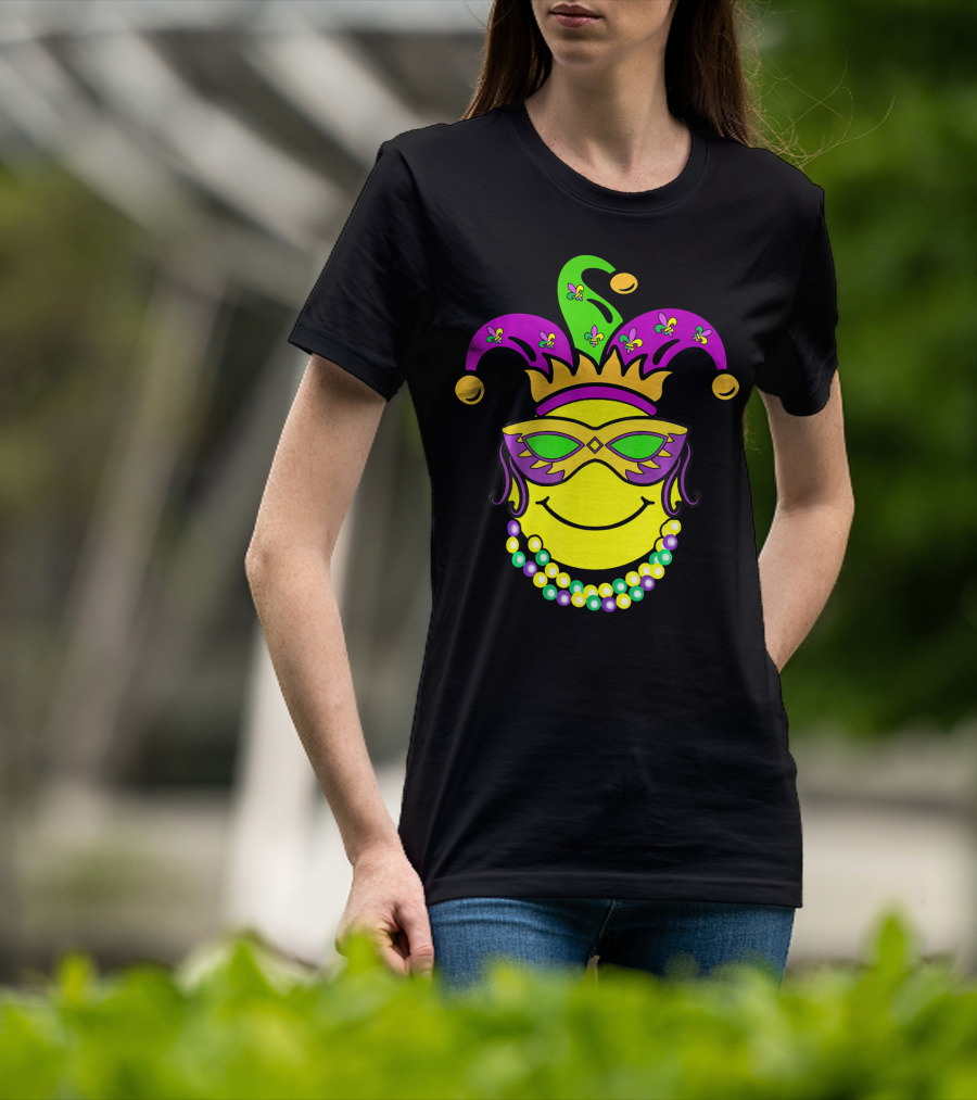 Mardi Gras Emoji Jester Mask Fleur-de-Lis Beads Funny Mardi Gras Lover T-Shirt