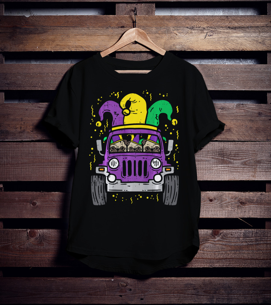 Mardi Gras Jester Pug Dogs In Purple Car T-Shirt
