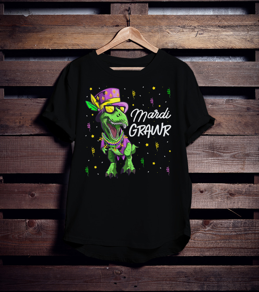 Mardi Grawr T-Rex Dinosaur Mardi Gras Beads And Hat T-Shirt