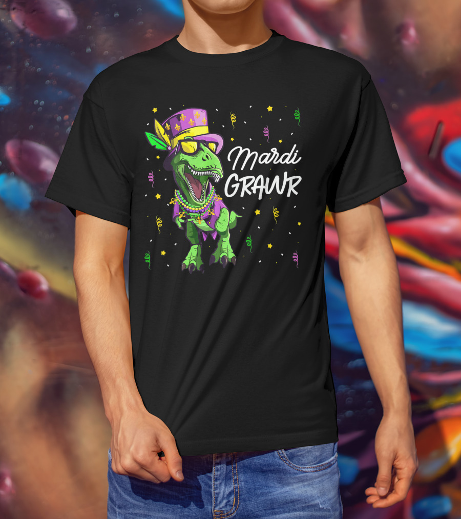 Mardi Grawr T-Rex Dinosaur Mardi Gras Beads And Hat T-Shirt