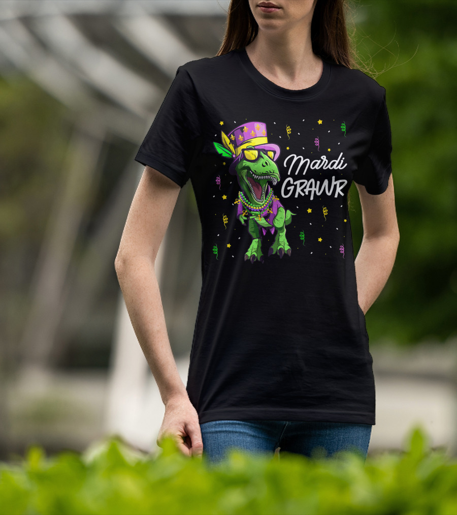 Mardi Grawr T-Rex Dinosaur Mardi Gras Beads And Hat T-Shirt