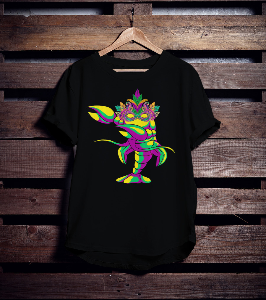 Dabbing Crawfish With Colorful Mardi Gras Mask And Feathers T-Shirt