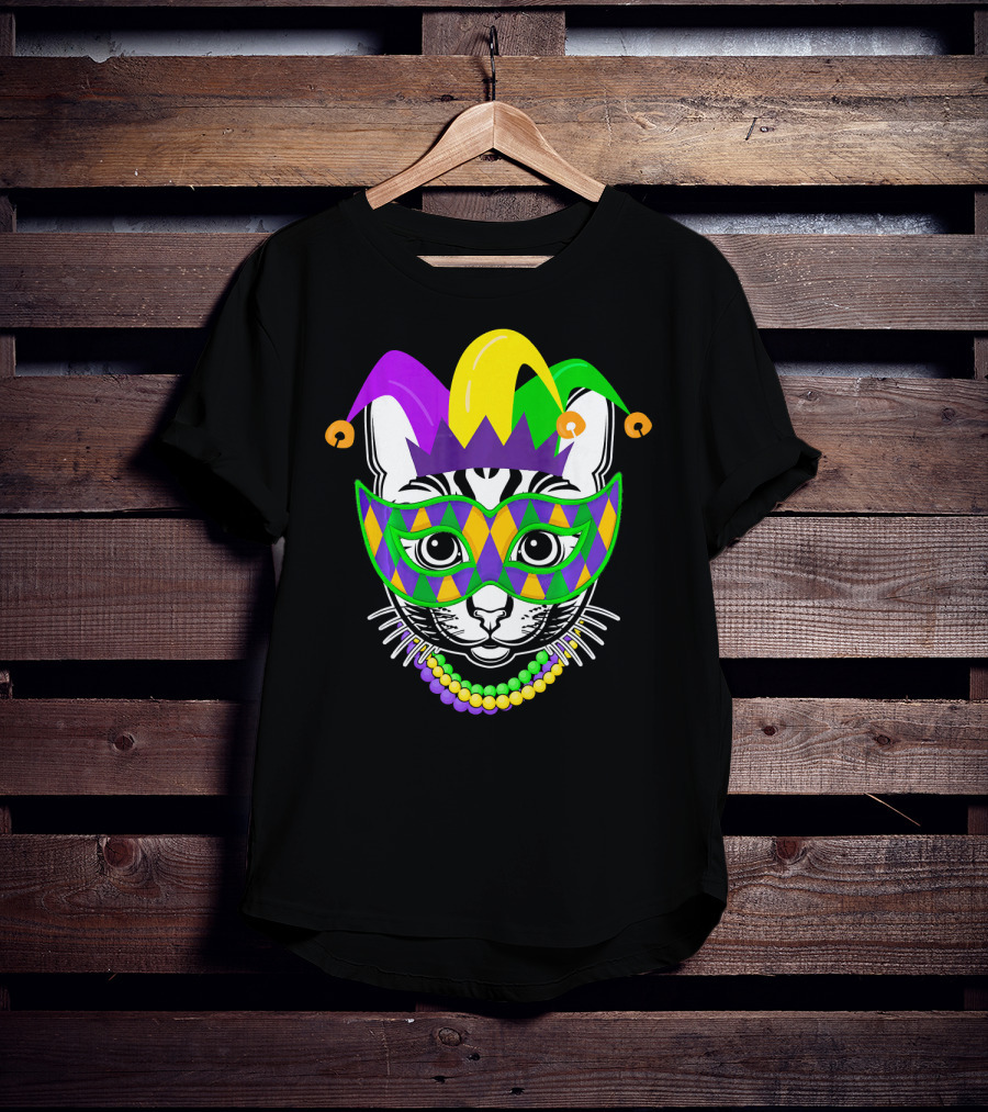 Mardi Gras Cat Jester Mask Beads Kitty Lovers T-Shirt