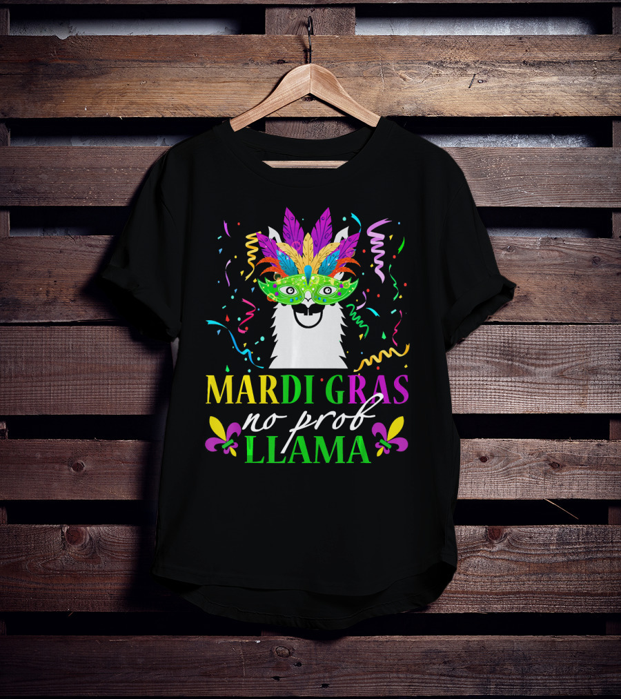 Mardi Gras No Prob Llama Colorful Celebration Mask And Confetti T-Shirt