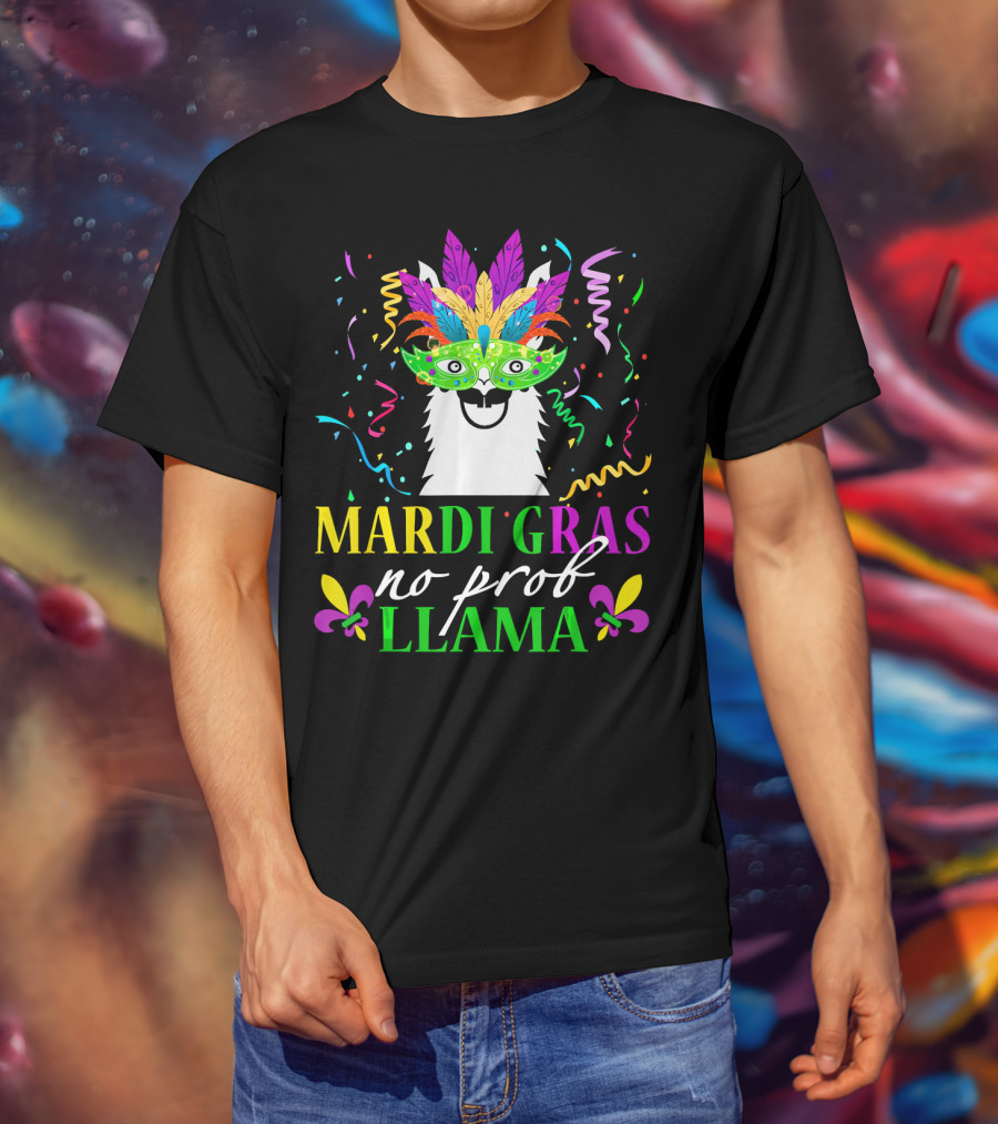 Mardi Gras No Prob Llama Colorful Celebration Mask And Confetti T-Shirt