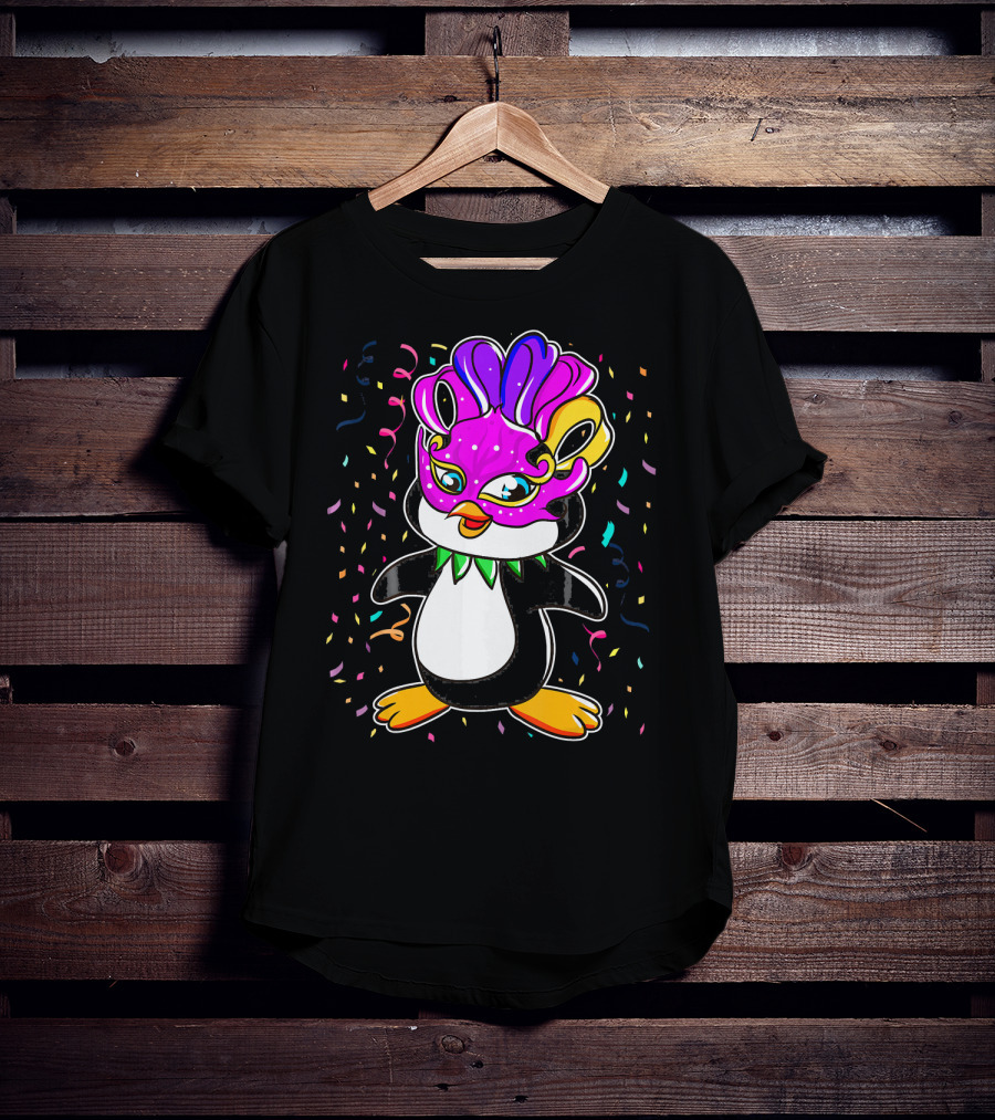 Penguin Mardi Gras Lover Funny Masquerade Festive Confetti T-Shirt