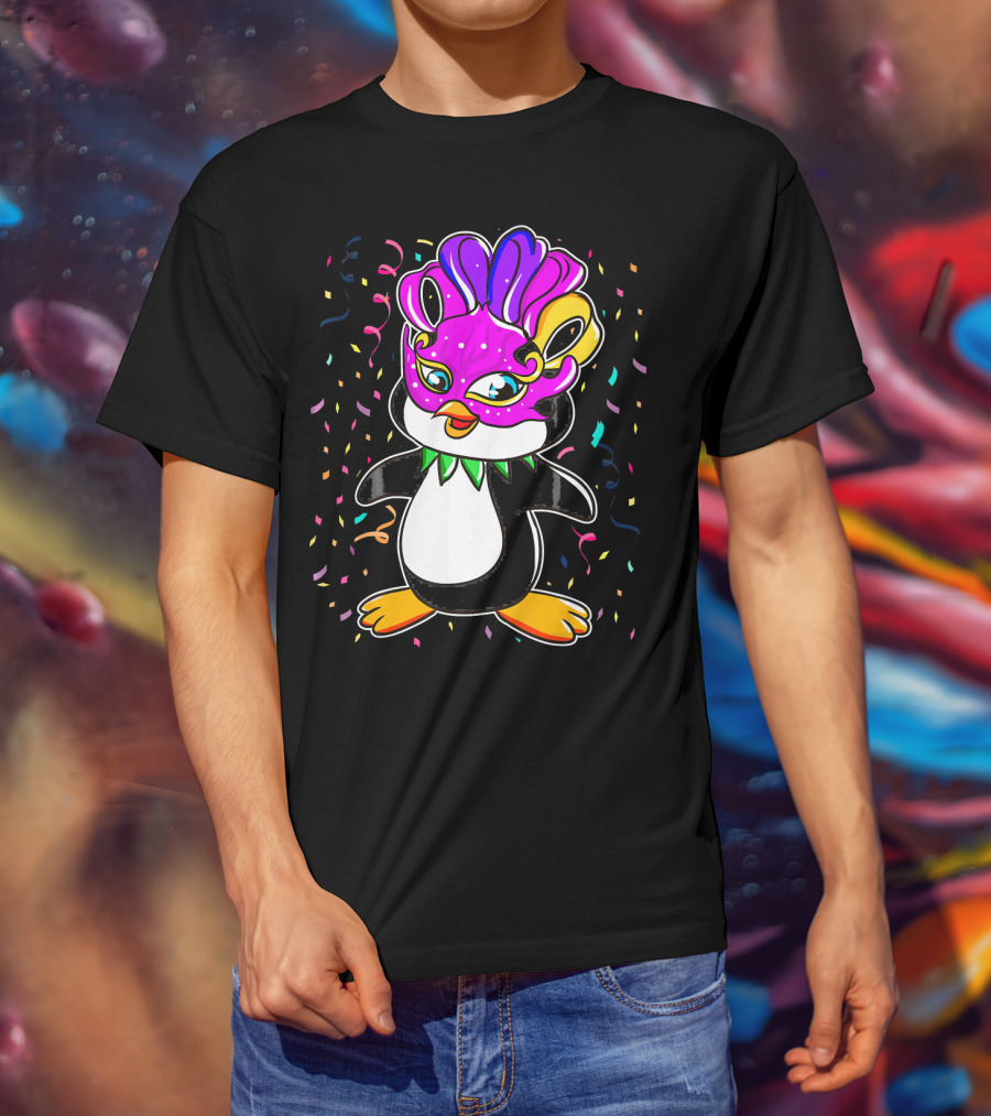 Penguin Mardi Gras Lover Funny Masquerade Festive Confetti T-Shirt