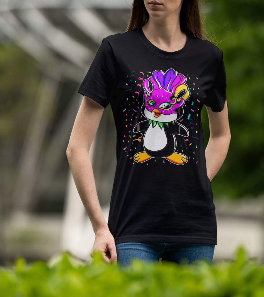 Penguin Mardi Gras Lover Funny Masquerade Festive Confetti T-Shirt