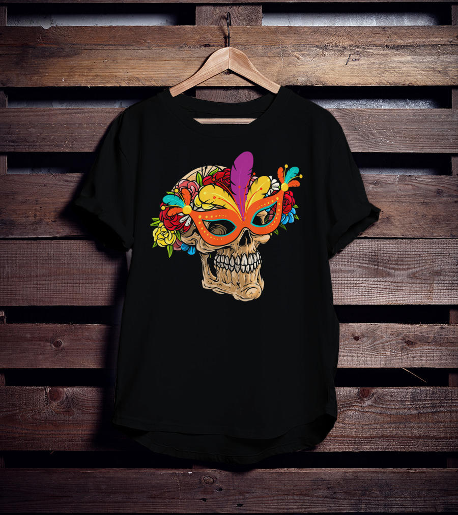 Mardi Gras Skull Mask With Colorful Floral Jester Hat T-Shirt