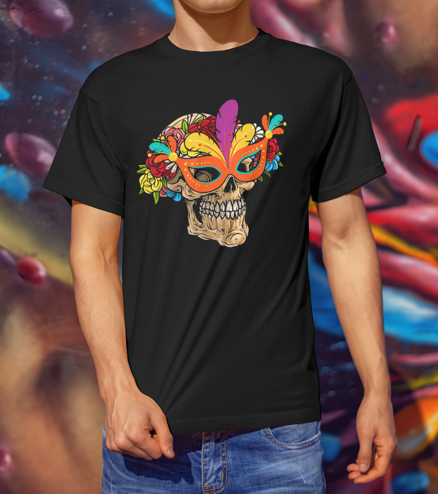 Mardi Gras Skull Mask With Colorful Floral Jester Hat T-Shirt