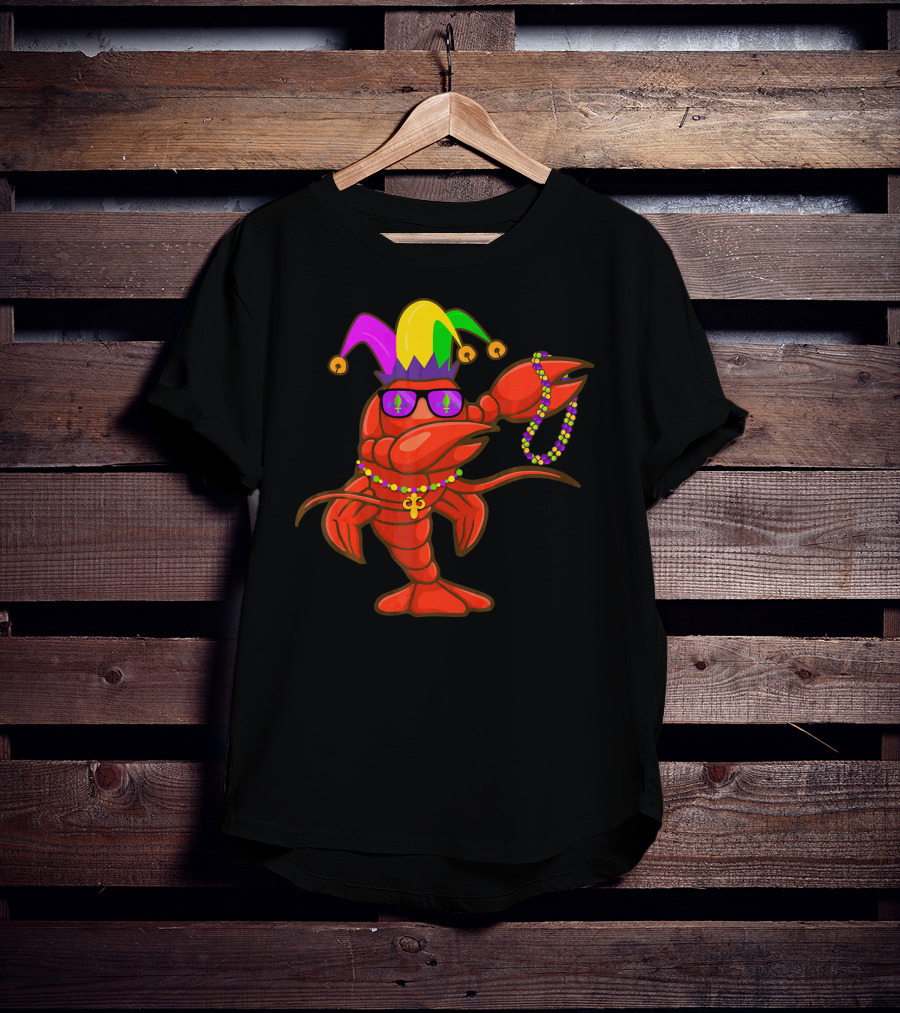 Jester Hat Crawfish Dabbing With Mardi Gras Beads Party T-Shirt
