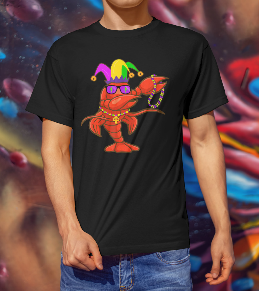 Jester Hat Crawfish Dabbing With Mardi Gras Beads Party T-Shirt