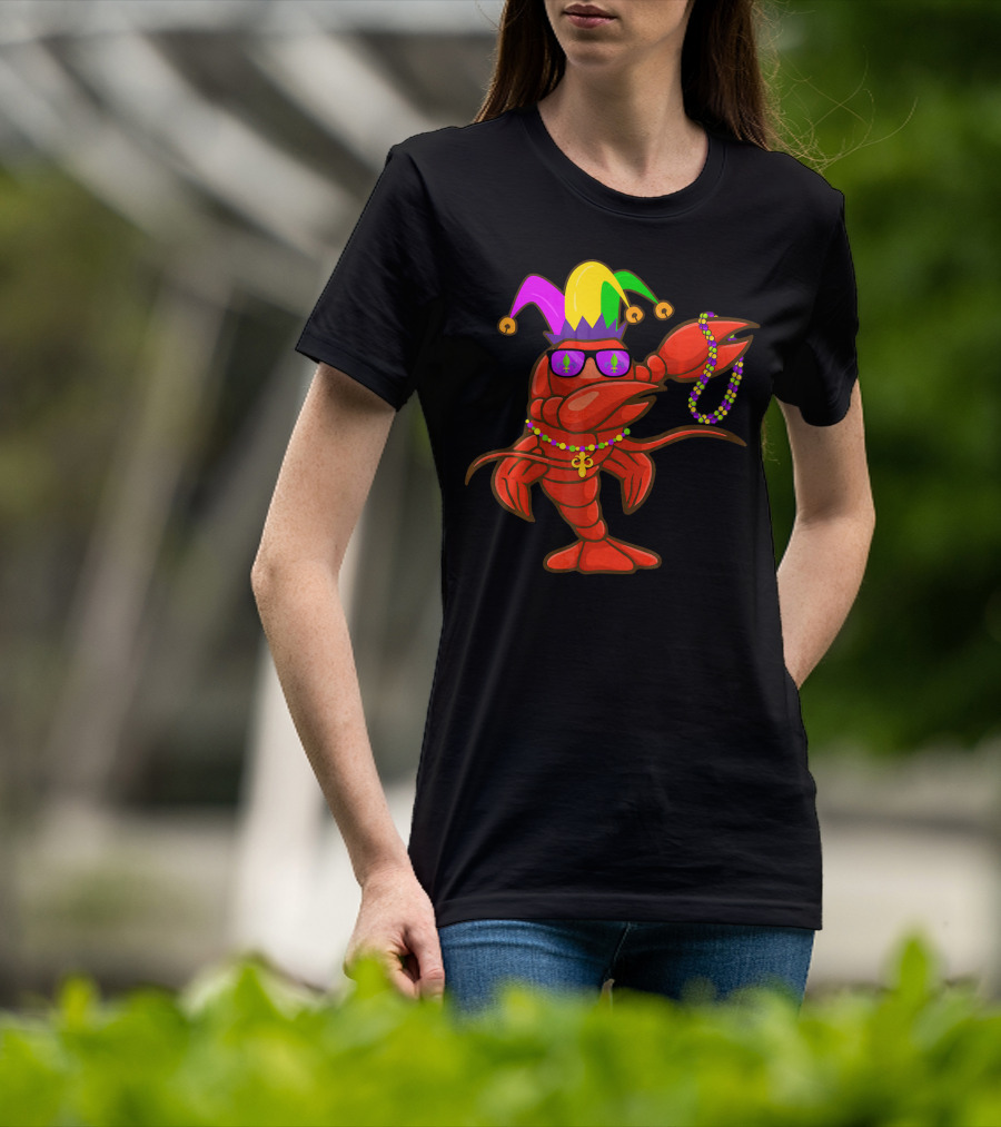 Jester Hat Crawfish Dabbing With Mardi Gras Beads Party T-Shirt