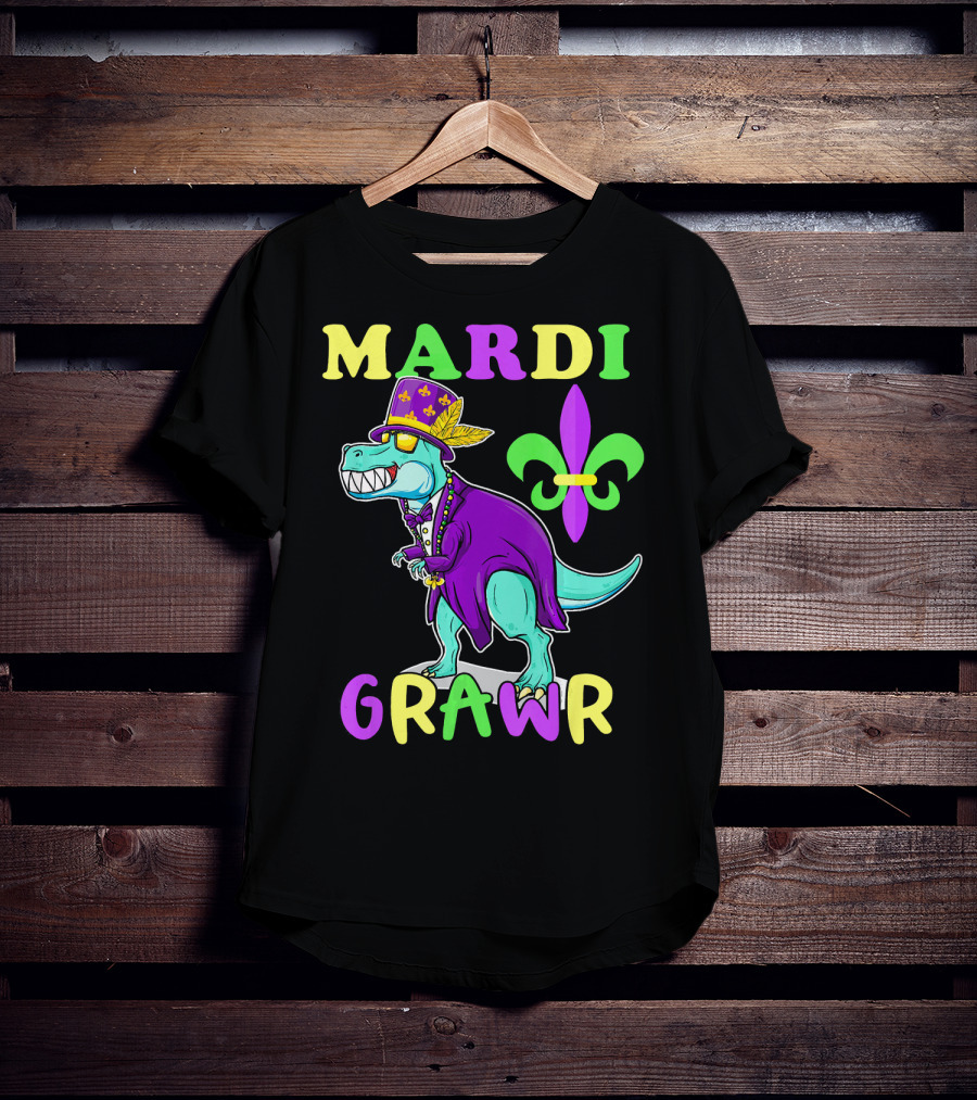 Mardi Grawr Dinosaur Rex New Orleans Fleur De Lis T-Shirt