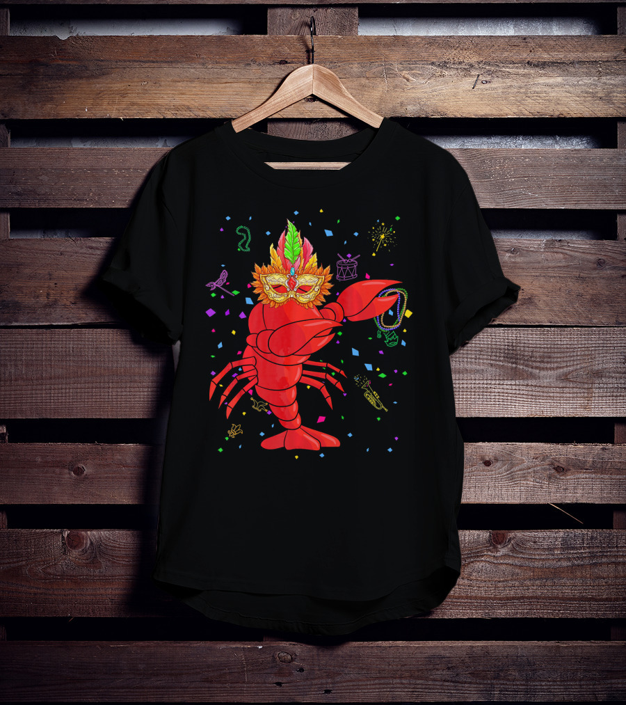Dabbing Lobster With Mardi Gras Mask And Beads Confetti T-Shirt