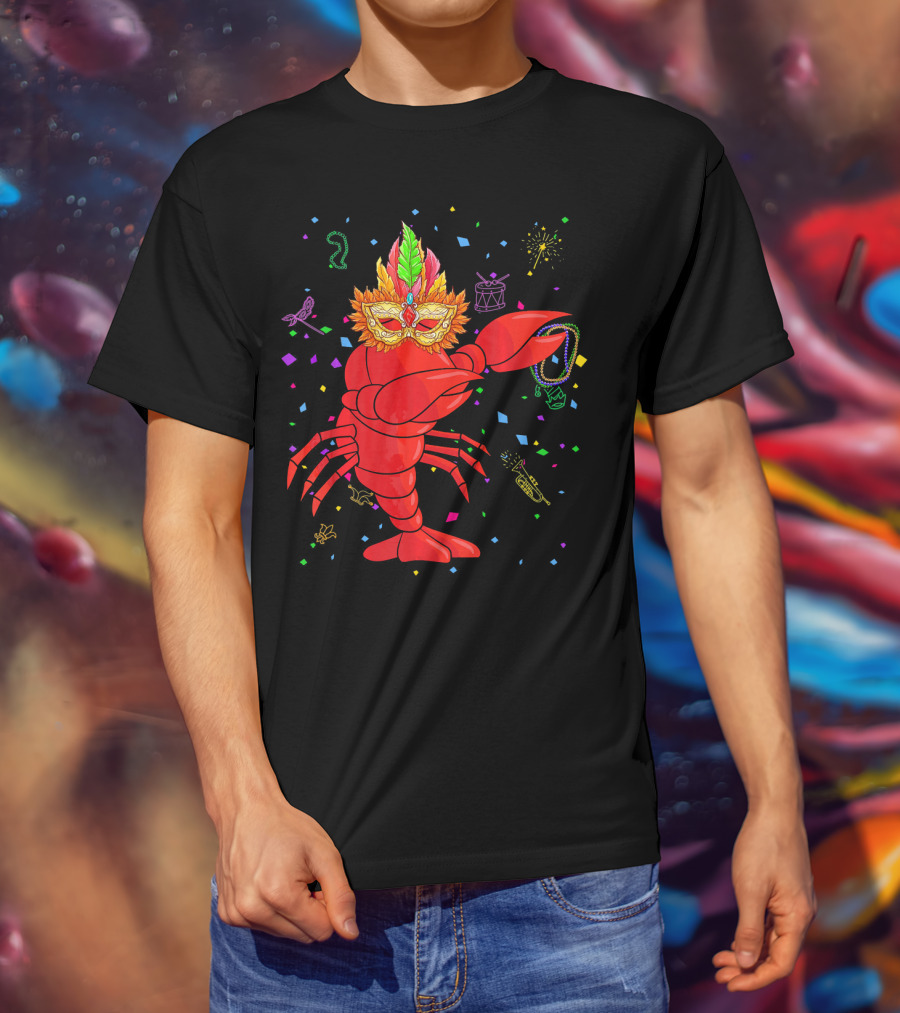 Dabbing Lobster With Mardi Gras Mask And Beads Confetti T-Shirt