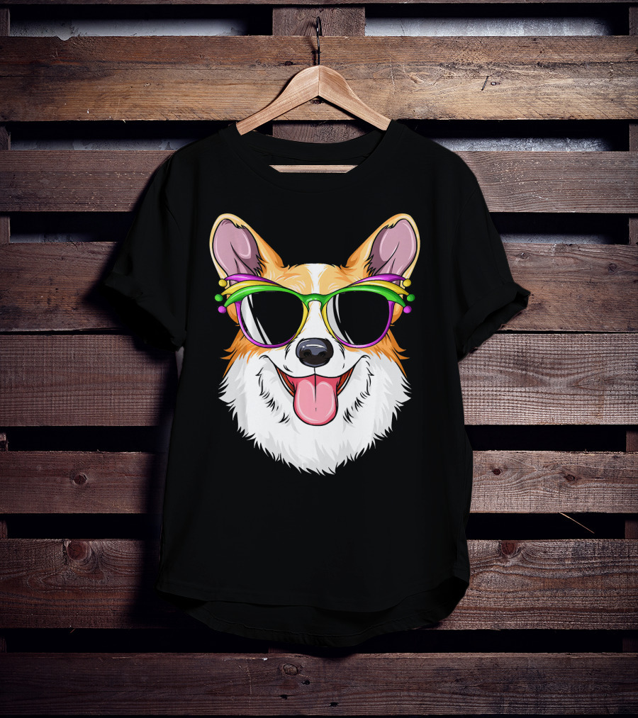 Mardi Gras Corgi With Carnival Mask And Glasses T-Shirt