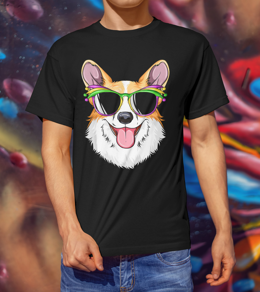 Mardi Gras Corgi With Carnival Mask And Glasses T-Shirt