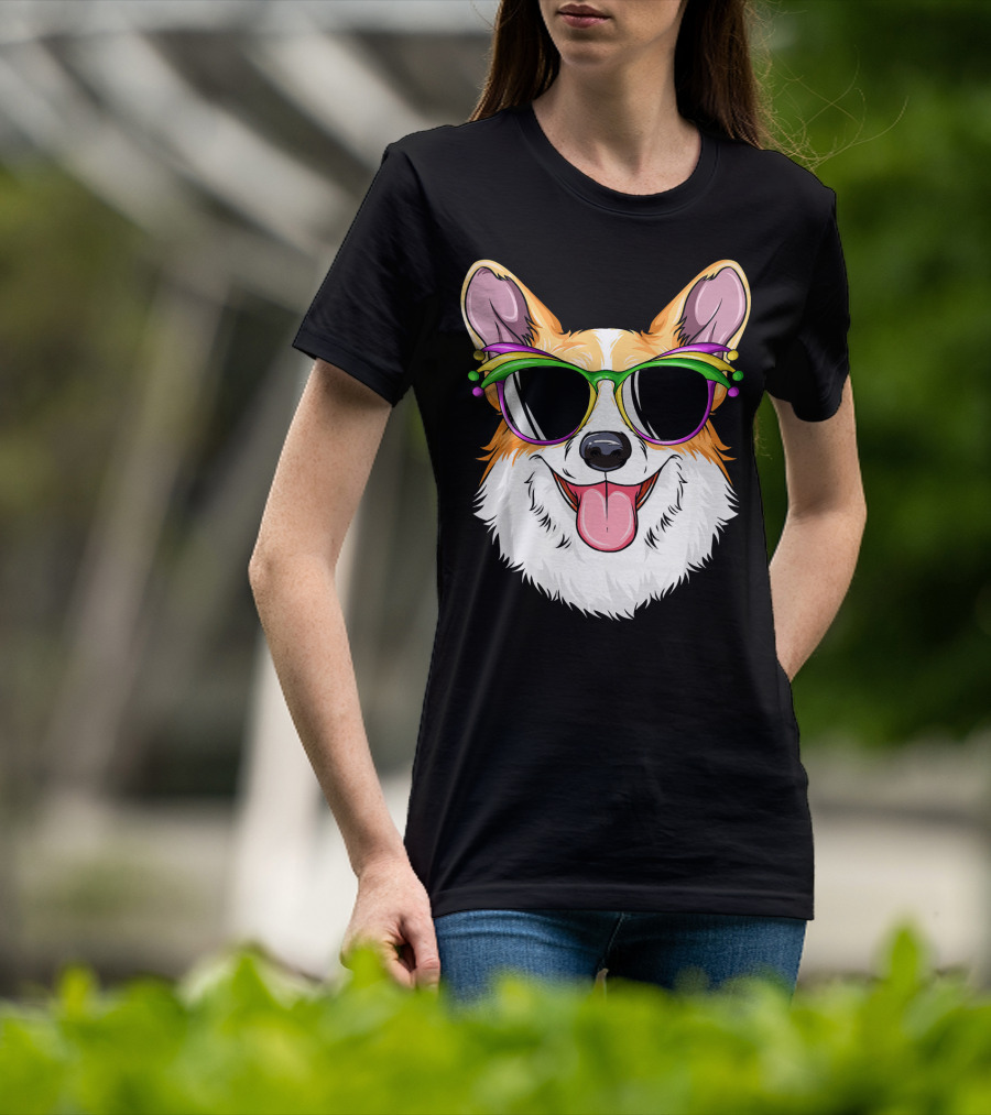 Mardi Gras Corgi With Carnival Mask And Glasses T-Shirt