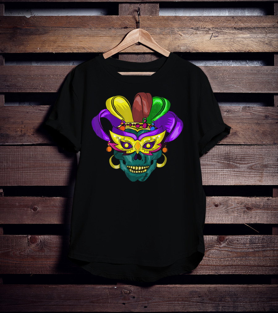 Mardi Gras Sugar Skull Colorful Mask Feather Parade Costume T-Shirt