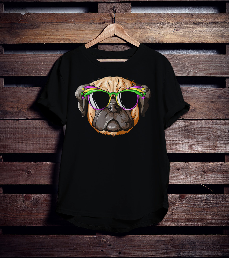 Pug Wearing Mardi Gras Carnival Mask With Colorful Beads And Sunglasses T-Shirt