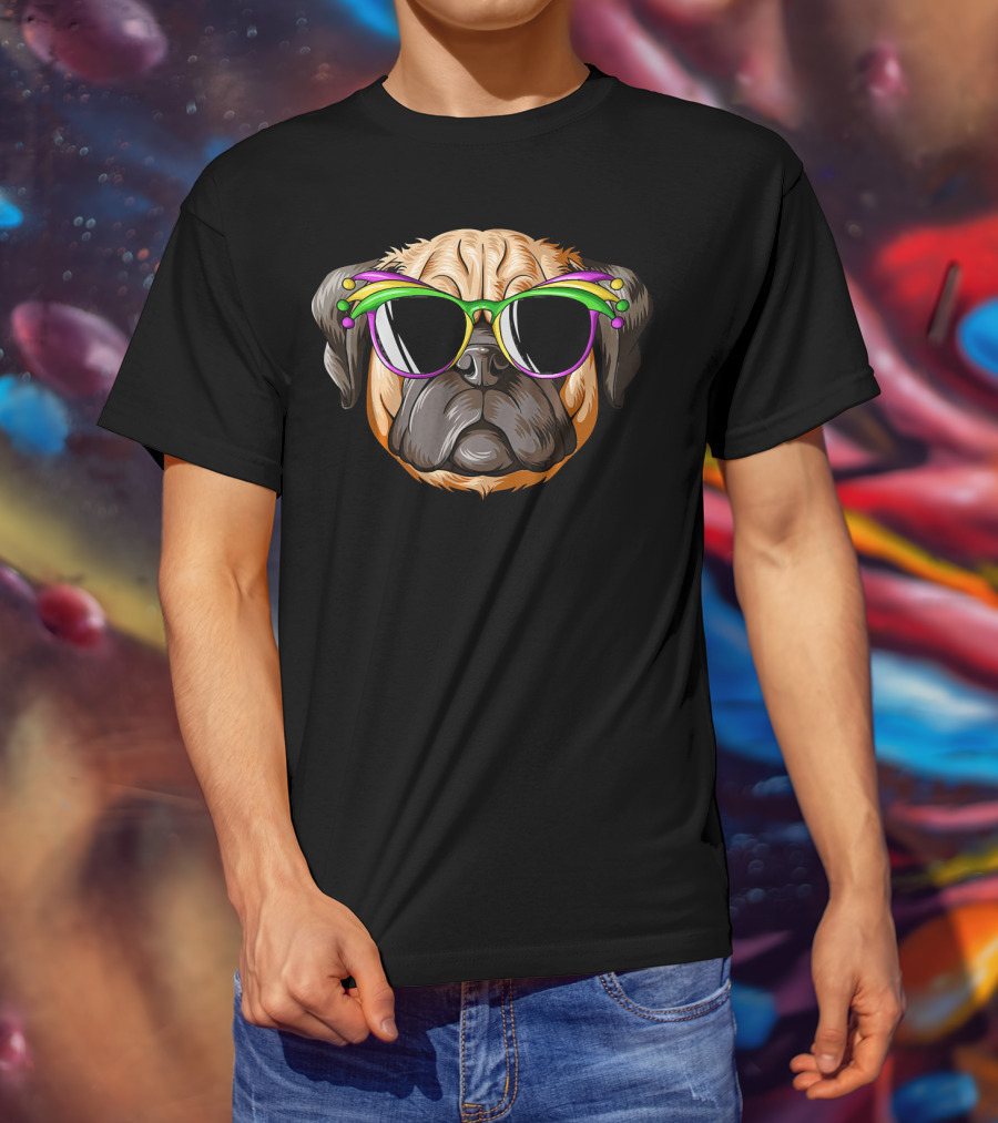Pug Wearing Mardi Gras Carnival Mask With Colorful Beads And Sunglasses T-Shirt