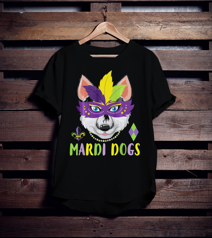 Mardi Dogs Siberian Husky Mask Beads Fleur-de-Lis T-Shirt