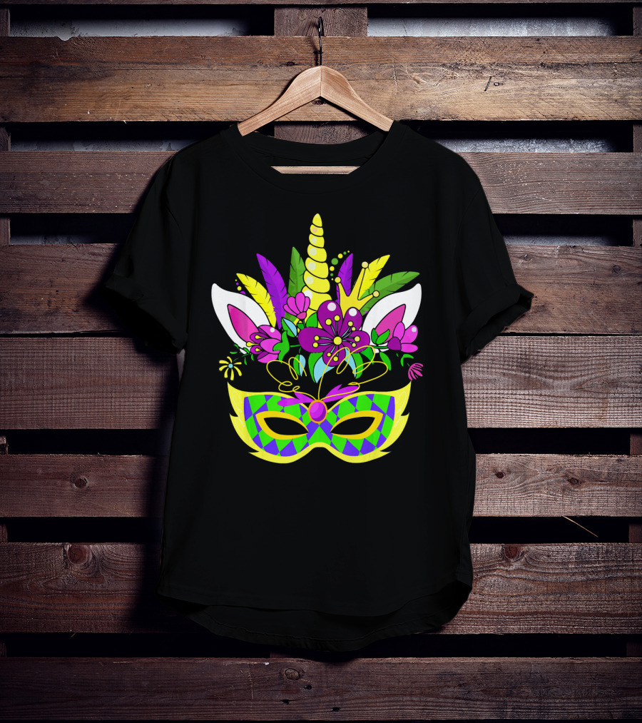 Mardi Gras Unicorn Mask Flowered Headdress T-Shirt