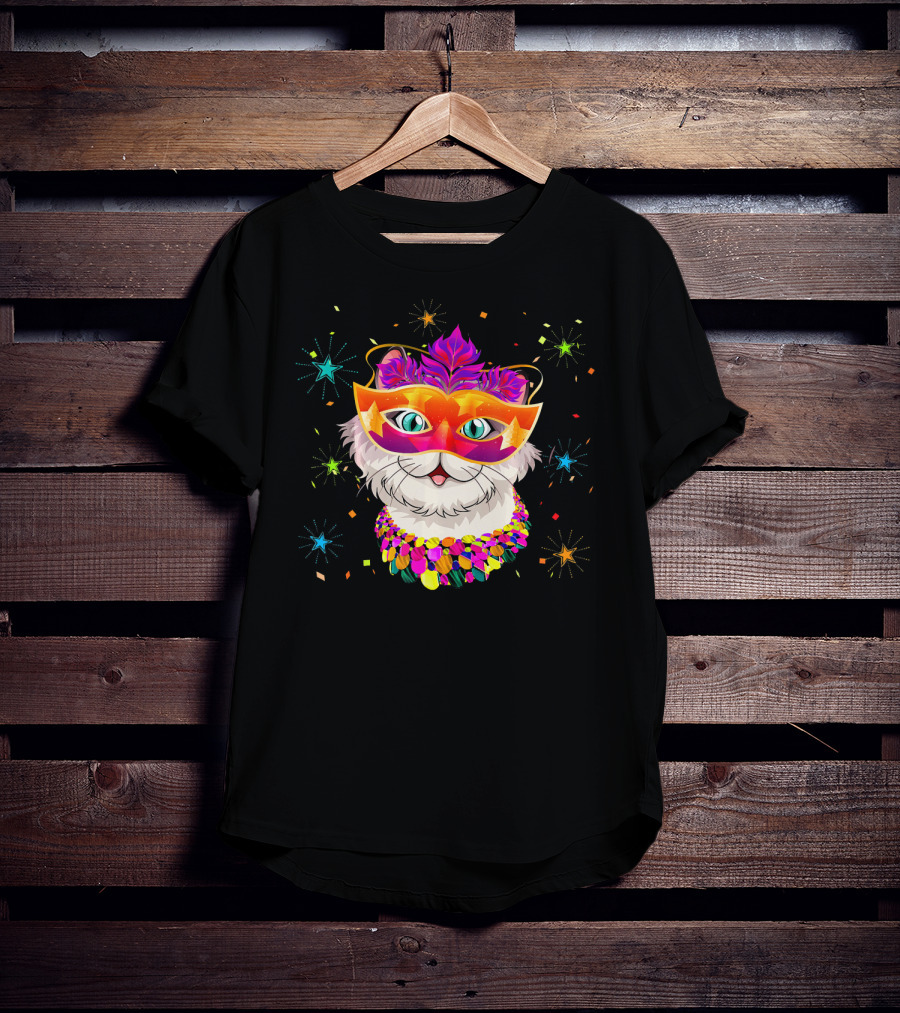 Mardi Gras Cat With Festive Mask And Beads For Cat Lovers T-Shirt
