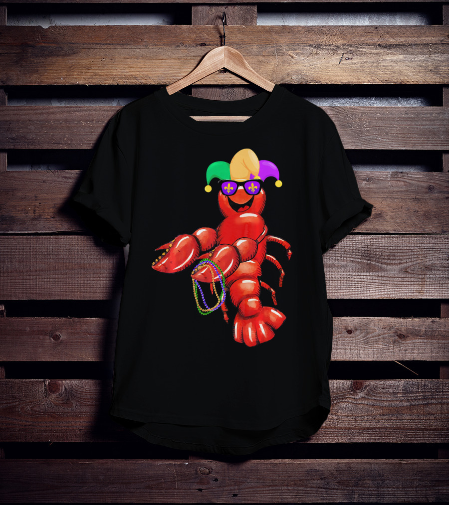 Flossing Mardi Gras Bead Jester Hat Crawfish With Sunglasses T-Shirt