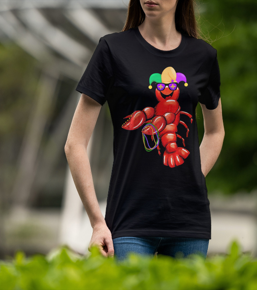 Flossing Mardi Gras Bead Jester Hat Crawfish With Sunglasses T-Shirt