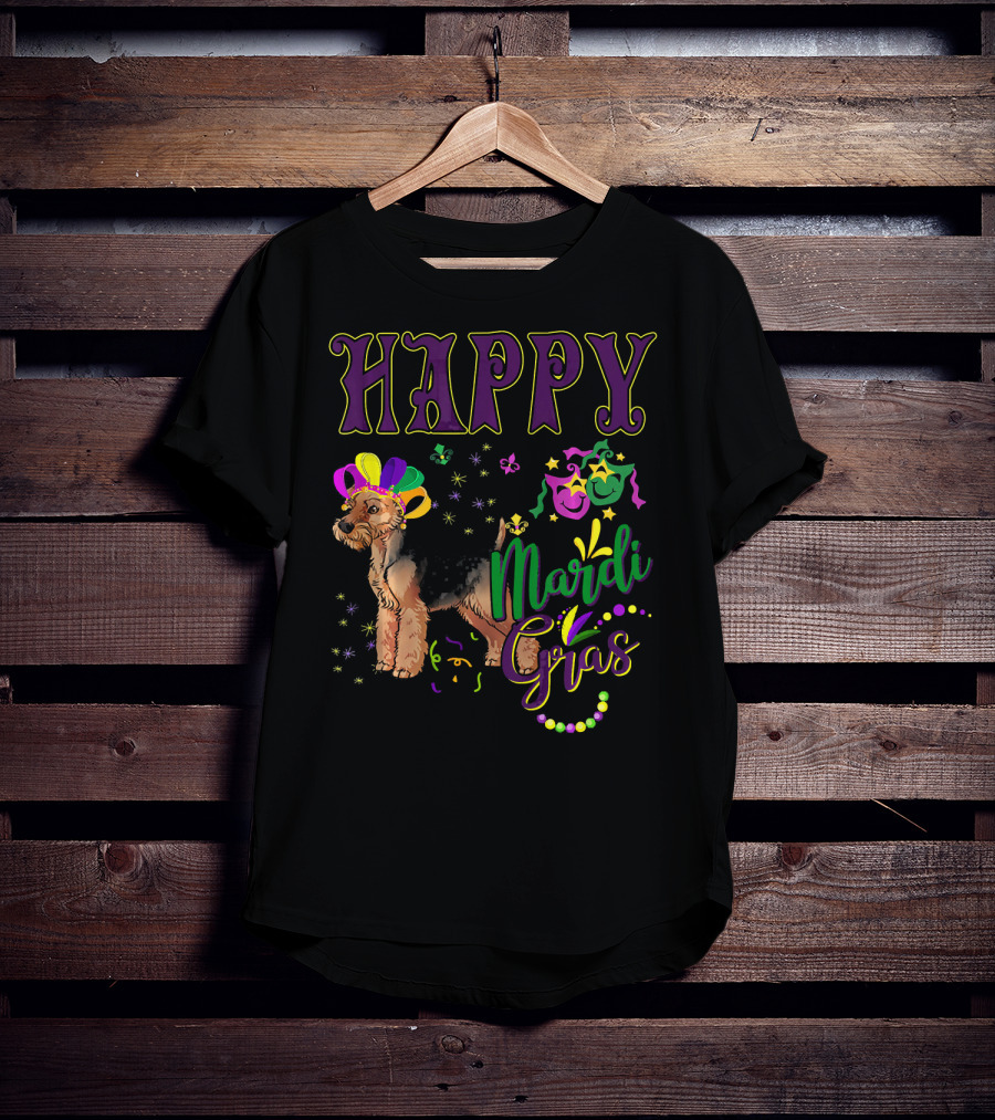 Happy Mardi Gras Welsh Terrier Masquerade Beads And Stars T-Shirt