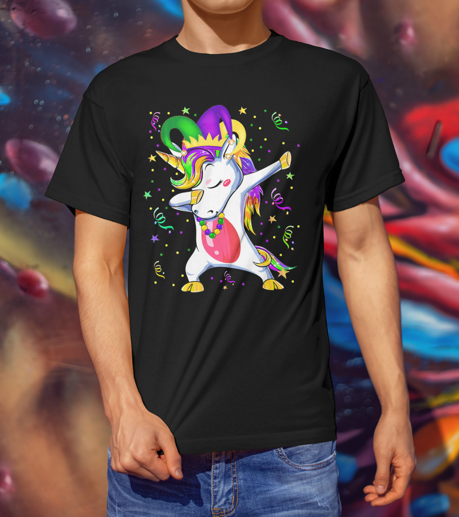 Mardi Gras Unicorn Dabbing Celebration With Beads And Jester Hat T-Shirt
