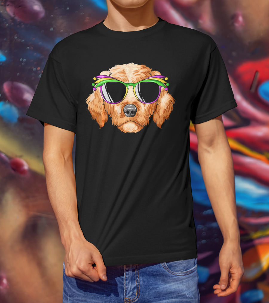 Goldendoodle Mardi Gras Carnival Mask Sunglasses T-Shirt
