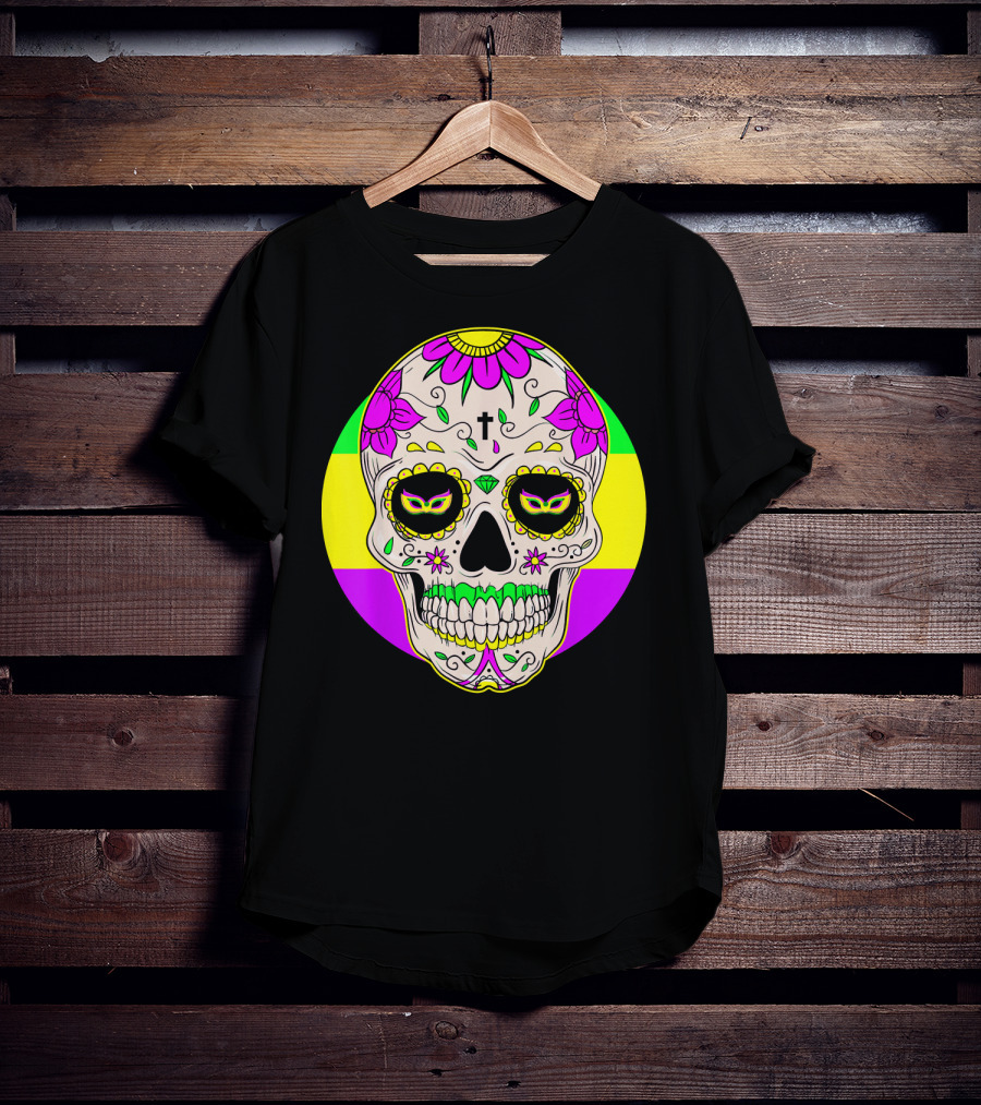Mardi Gras Sugar Skull With Jester Hat And Mask Elements T-Shirt