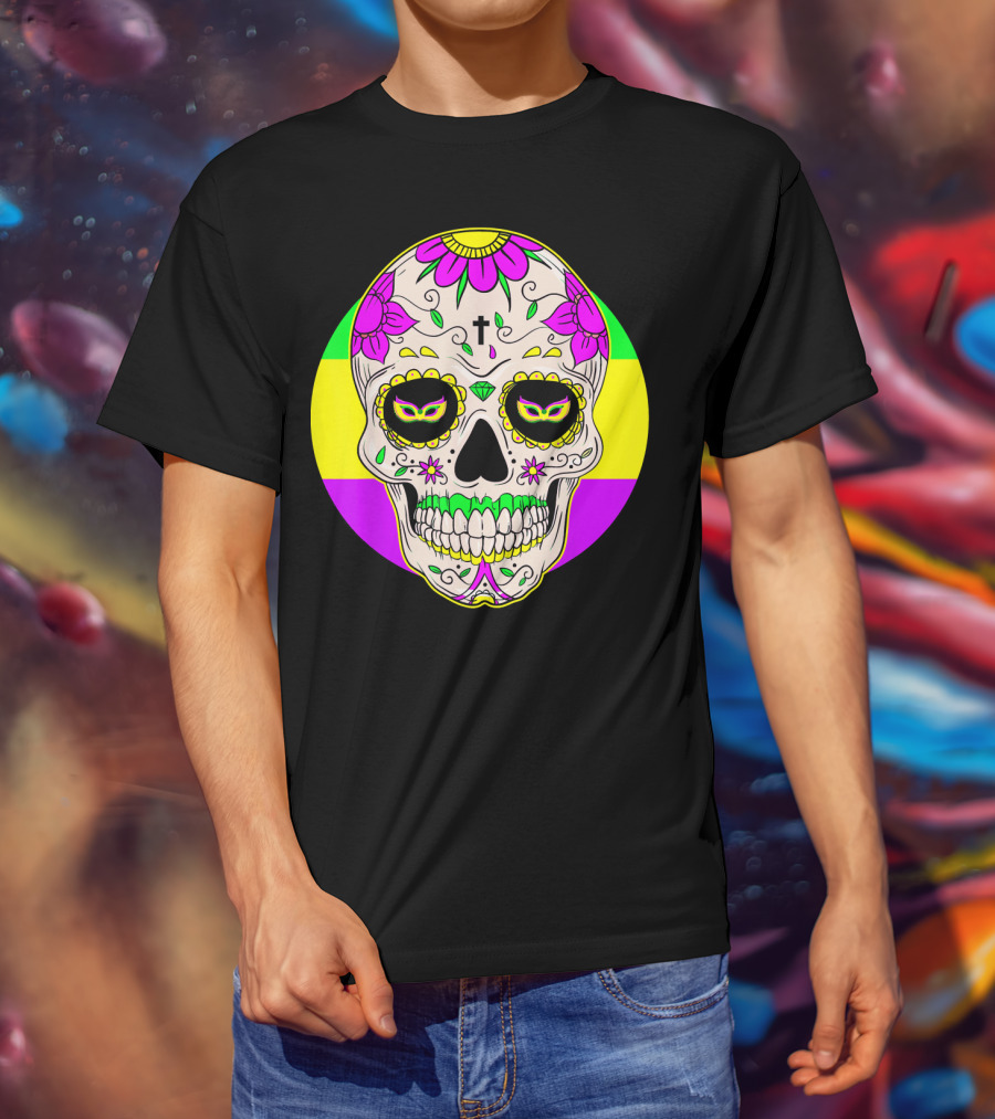 Mardi Gras Sugar Skull With Jester Hat And Mask Elements T-Shirt