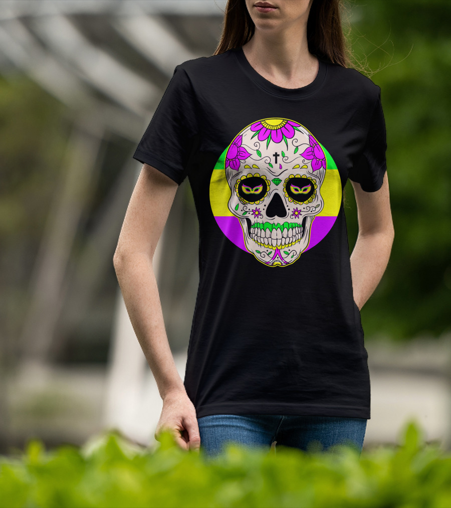 Mardi Gras Sugar Skull With Jester Hat And Mask Elements T-Shirt