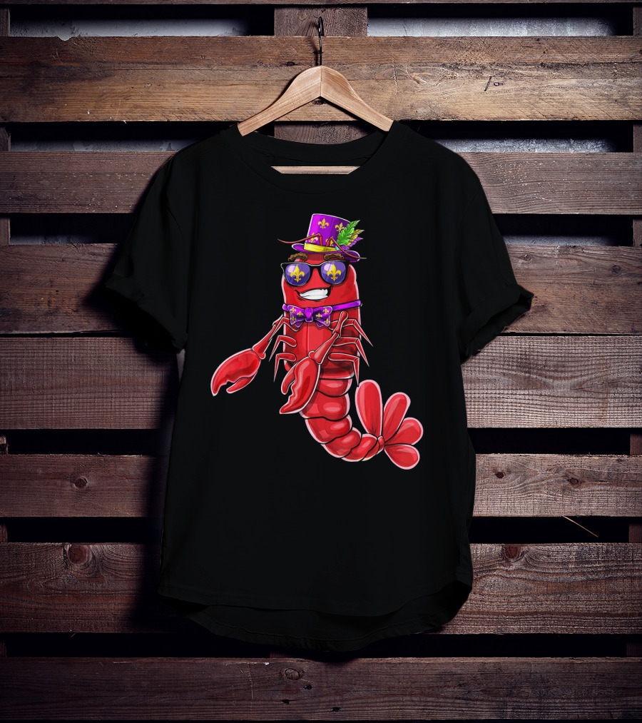 Flossing Crawfish In Mardi Gras Jester Hat With Beads And Fleur-de-lis Glasses T-Shirt